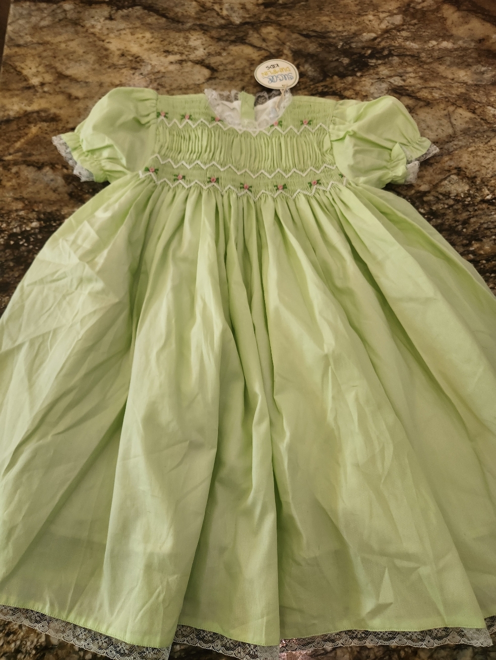 Girls' Light Green Smocked Dress with Lace Trim